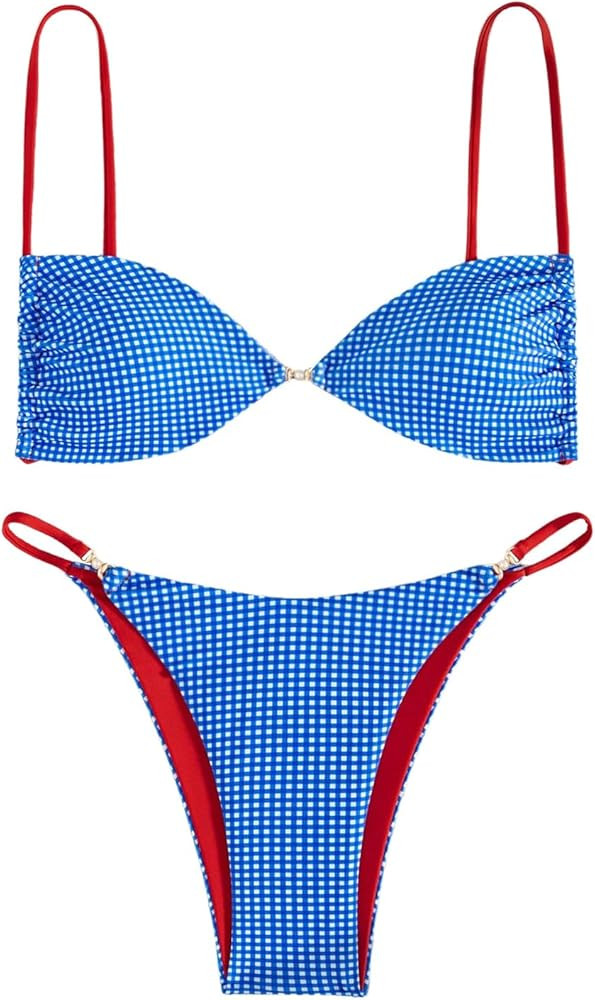 Verdusa Women's 2 Piece Gingham Plaid Bikini Set Self Tied Backless Swimsuit Bathing Suits | Amazon (US)