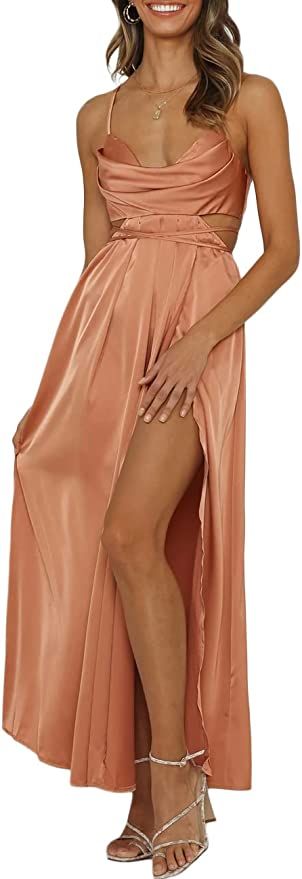 Women's Satin Cowl Neck Spaghetti Slit Backless Maxi Dress Pleated Waist Criss Cross Tie Back Wed... | Amazon (US)