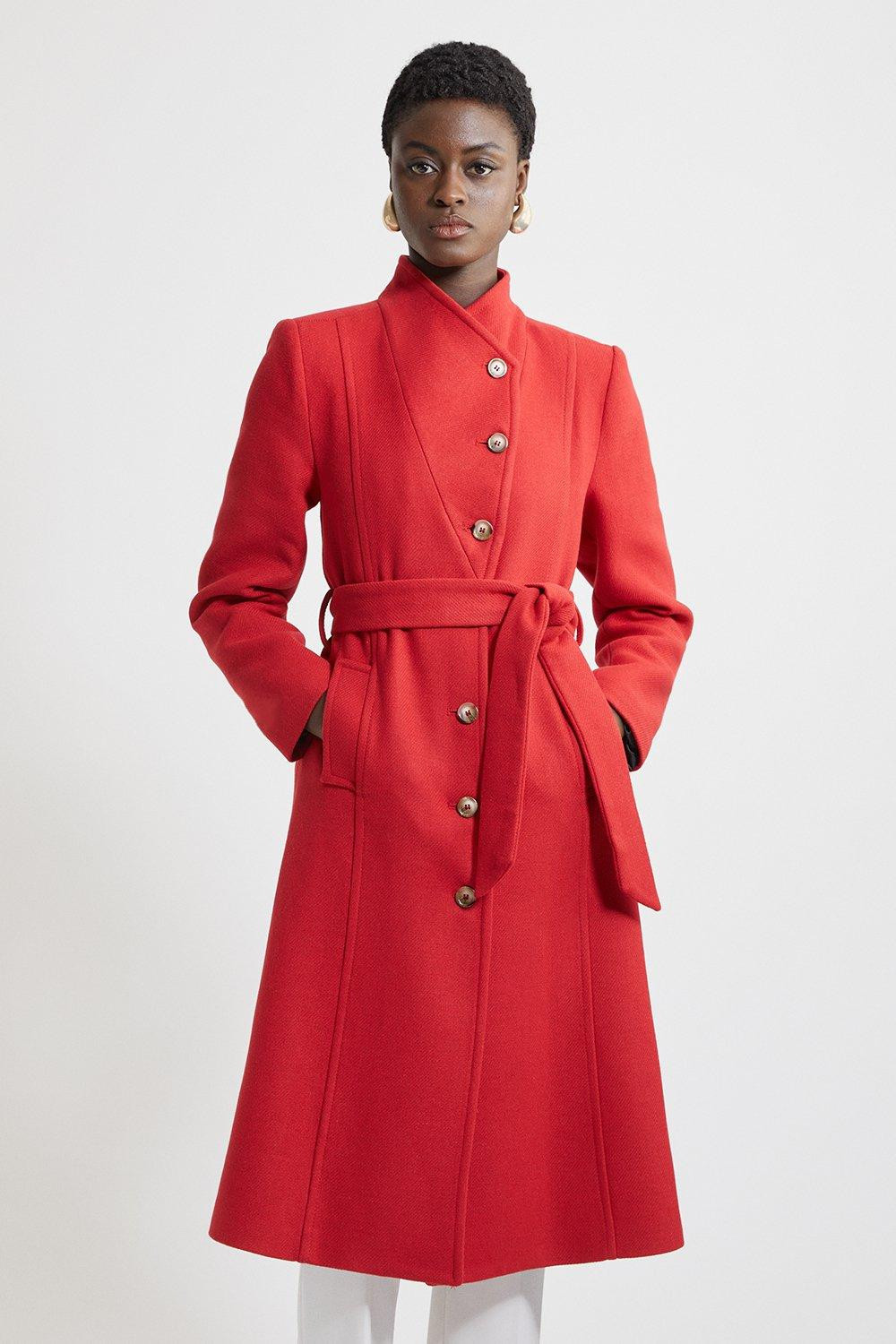 Italian Manteco Wool Blend Asymmetric Button Belted Tailored Midi Coat | Karen Millen US