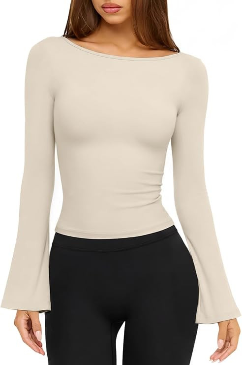 LASLULU Womens Bell Long Sleeve Workout Top Basic Slim Gym Pilates Shirt | Amazon (US)