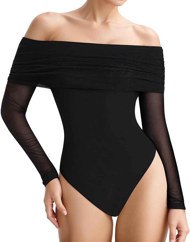 MANGOPOP Women's Off The Shoulder Long Sleeve Bodysuit Sexy Sheer Mesh Top Double Lined Body Suit... | Amazon (US)
