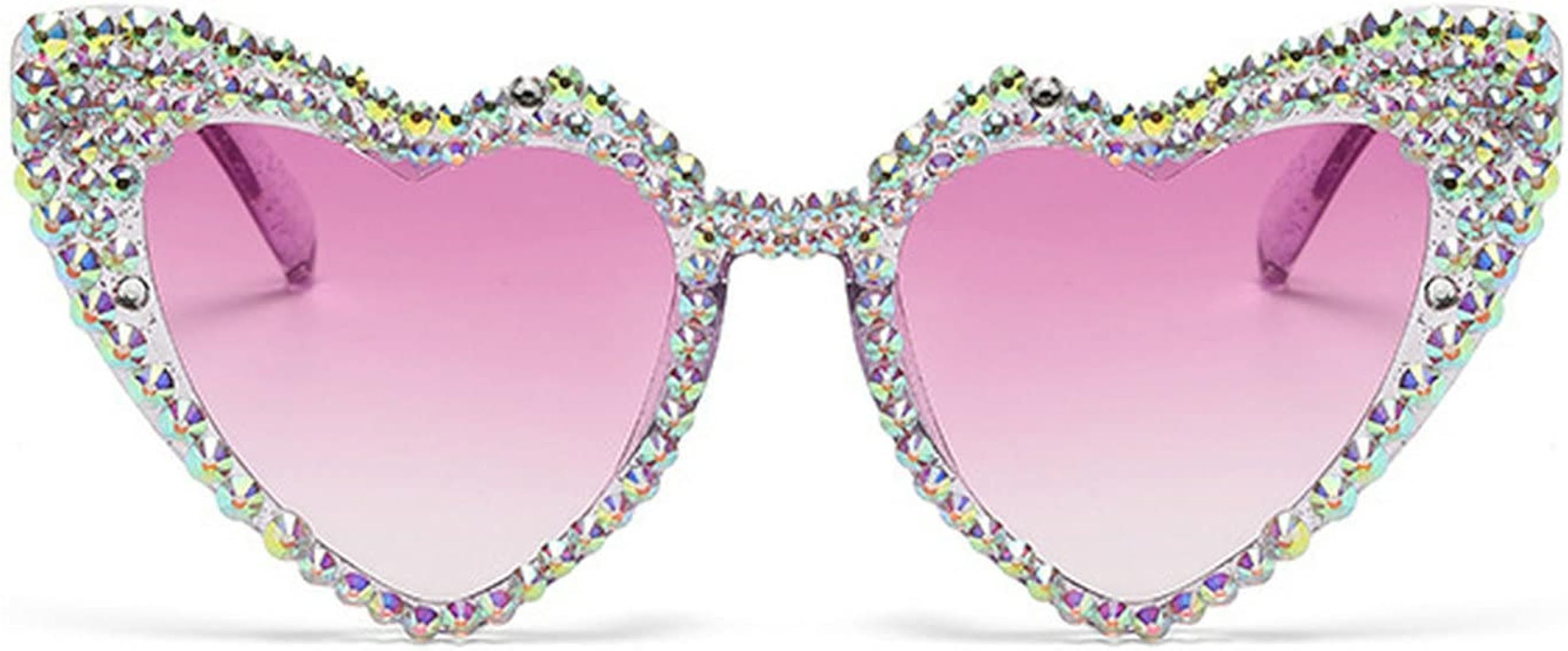 mincl Cute Women Heart Sunglasses Fashion Shiny Bling Diamond Sunglasses Polygonal Pink Rhineston... | Amazon (US)