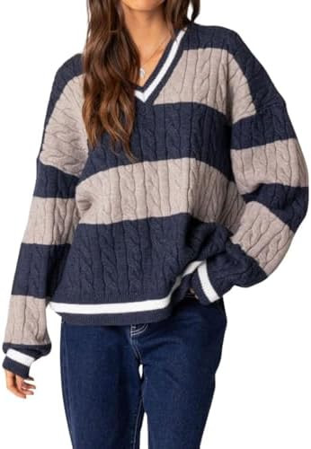 chouyatou Women's Fall Knitwear 2025 V-Neck Pullover Sweater Color Block Cable Knit Sweaters Jump... | Amazon (US)
