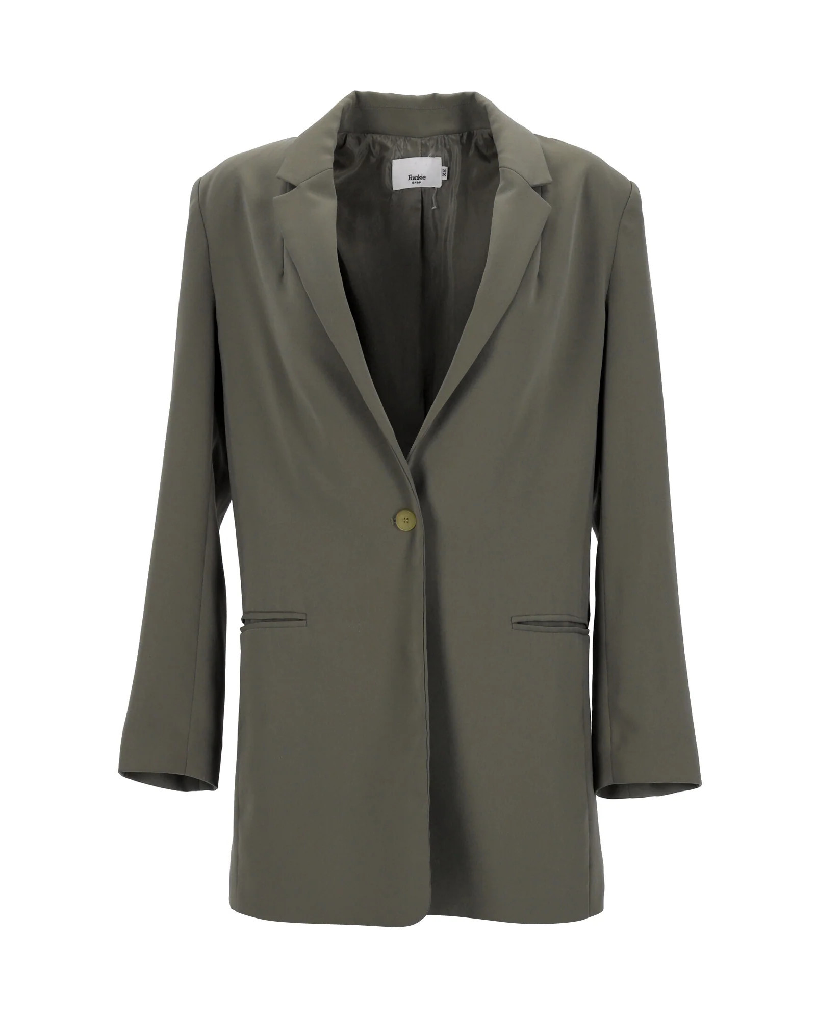 The Frankie Shop Single-Breasted Blazer in Olive Green Polyester | Shop Simon