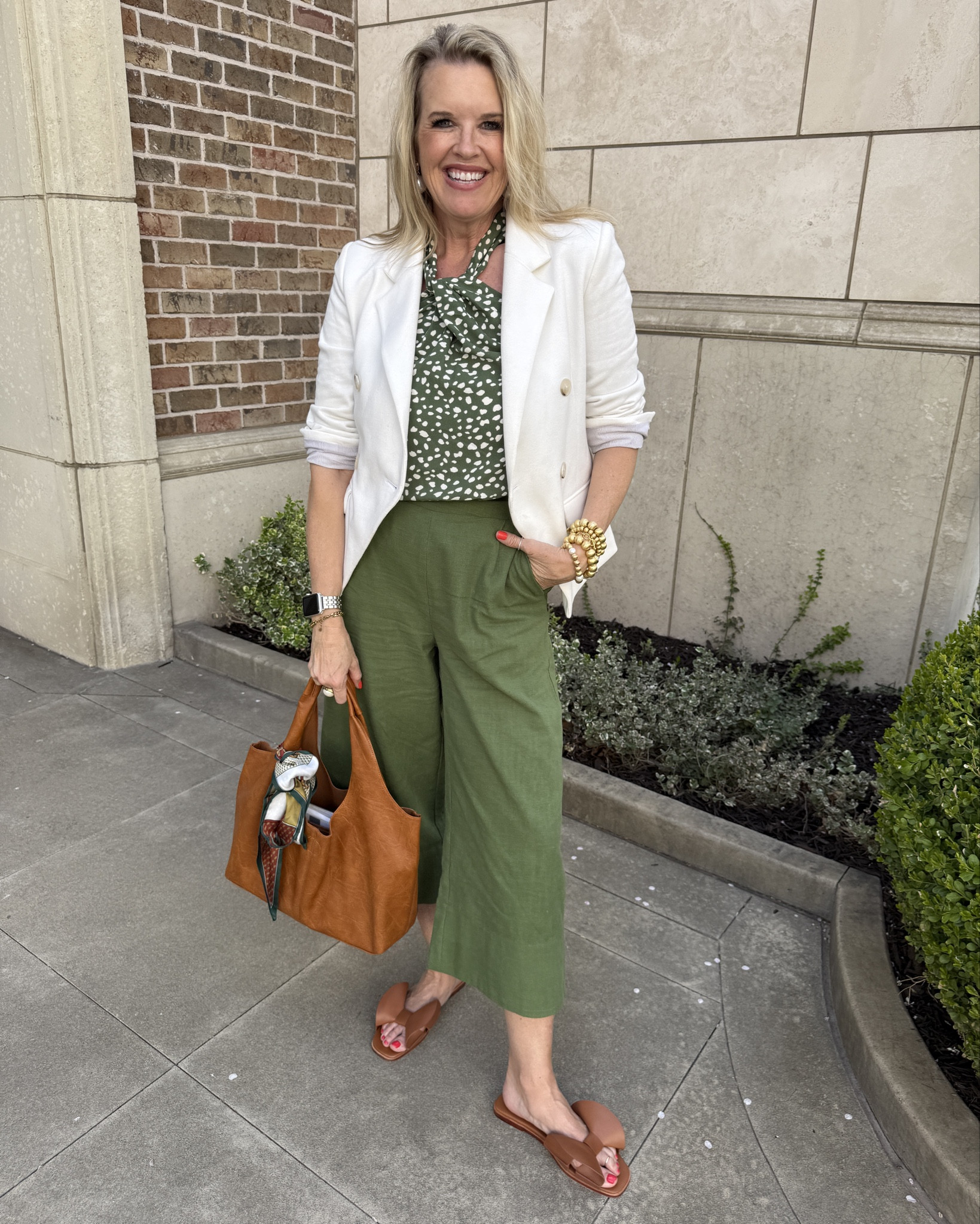 What is is about a new outfit that makes us feel so good??

I am so excited about this New Launch From GibsonLook perfect for Spring and Summer 🌷🌼

In a beautiful shade of Graff green these cute wide leg cropped linen pants with pockets and  high waisted top band , side zip 

I paired with their polka dotted halter top that has a twittered from detail and neck bow.. so cute.

Perfect pieces to dress up or down, and great for work wear with a GibsonLook Blazer …

Save 10% off with Code: DARCY10

I paired with their polka New Cecelia New York Wendy Bow sandals in cognac brown 
Save 15% off with code WENDY

And a vegan tote in Cognac brown 

Lisi lurch bracelets 

Pearl drop earrings (linked similar

2gold abbot Lyon bracelets 
#LTKWatchNow

#LTKootd #LTKOver40 #LTKWorkwear