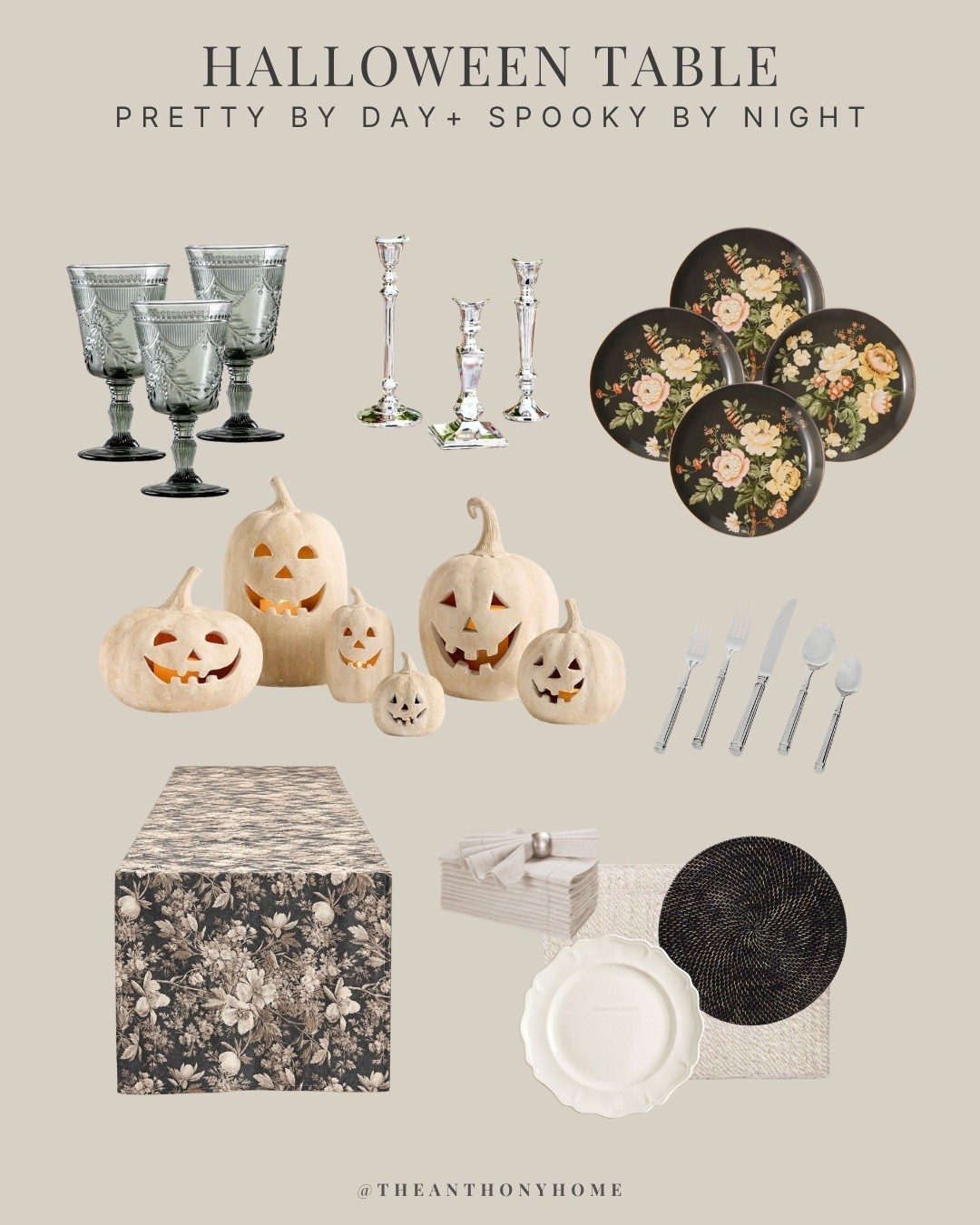 LTK:
Pretty by day, spooky by night. 🖤

The glowing pumpkins are from Pottery Barn, and I used 2 small, 2 medium, and 1 large to create the grouping down the center of the table. I also found a few similar options at a lower price point and linked those alongside the originals.

To fill in around them, I mixed taper candles at different heights with small bud vases, mostly filled with red alstroemeria, a few white roses, and eucalyptus greenery. It gave the centerpiece some height and color without adding more distinctly Halloween pieces.

Most of the rest of the table isn’t seasonal at all. The dark floral plates, runner, placemats, candlesticks, glassware, and flatware give it that darker, moodier feel but can easily be used throughout the year.

I linked the exact pieces I used where available, plus a few good alternatives for the harder-to-find or pricier pieces.

#LTKHome #LTKSeasonal