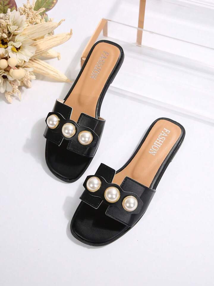 Women Faux Pearl Flat Slippers, Fashionable Open Toe Non-Slip Solid Color Slides, Outdoor Versatile Sandals | SHEIN