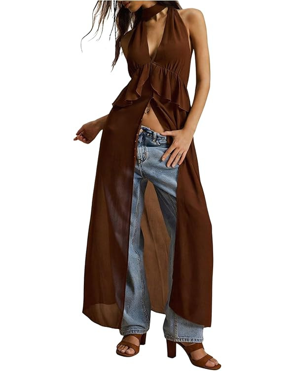 Women's V Neck Sleeveless Halter Chiffon Long Dress Button Up Ruffle Y2K Party Dress | Amazon (US)