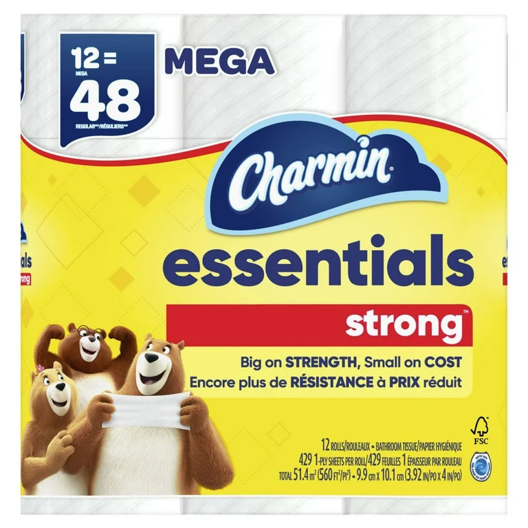 Charmin Essentials Strong Toilet Paper 12 Mega Rolls, 429 Sheets Per Roll | Walmart (US)