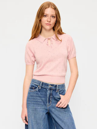 Tie-Front Seaside Cotton Pointelle Cropped Polo | Old Navy (US)