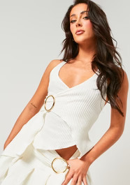 Eryn Cream Textured Ring Asymmetric Halterneck Top | Missy Empire (UK)