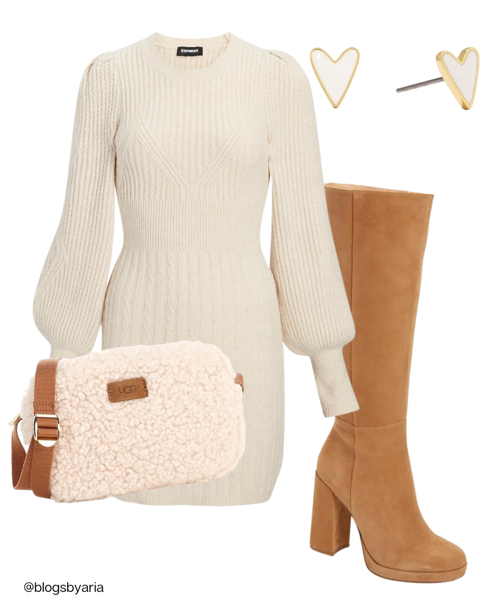 Cream knit sweater dress paired with camel color knee high boots, cream Sherpa bag and cute heart stud earrings. 

#winteroutfit #casualoutfit #datenightlook #winterstyleedit #sweaterdress #ltksalealert #ltkcurves #ltkfind #ltkshoecrush 

#LTKunder100 #LTKSeasonal #LTKstyletip
