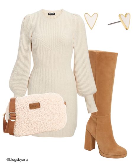 Cream knit sweater dress paired with camel color knee high boots, cream Sherpa bag and cute heart stud earrings. 

#winteroutfit #casualoutfit #datenightlook #winterstyleedit #sweaterdress #ltksalealert #ltkcurves #ltkfind #ltkshoecrush 

#LTKunder100 #LTKSeasonal #LTKstyletip