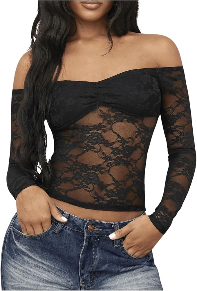 SHENHE Women's Off Shoulder Long Sleeve Top Y2K Lace Mesh Going Out Tops Tee | Amazon (US)