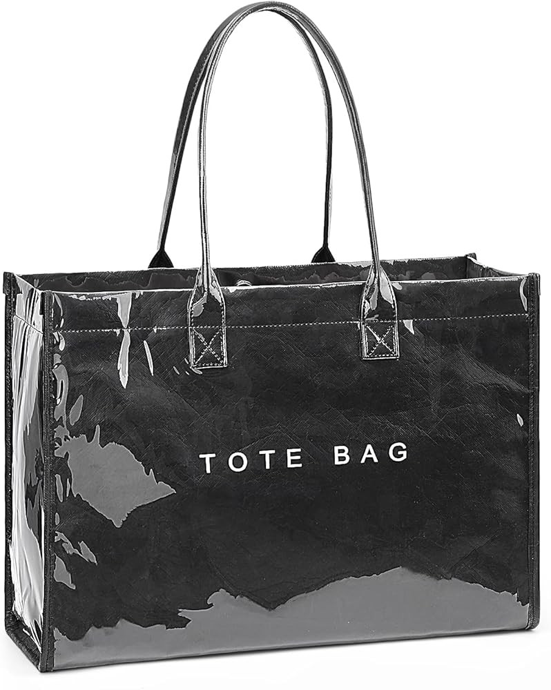 Lushandy PVC Tote Bag for Women, Large Plastic Tote Purse Work Kraft Paper Letter Print Shoulder ... | Amazon (US)