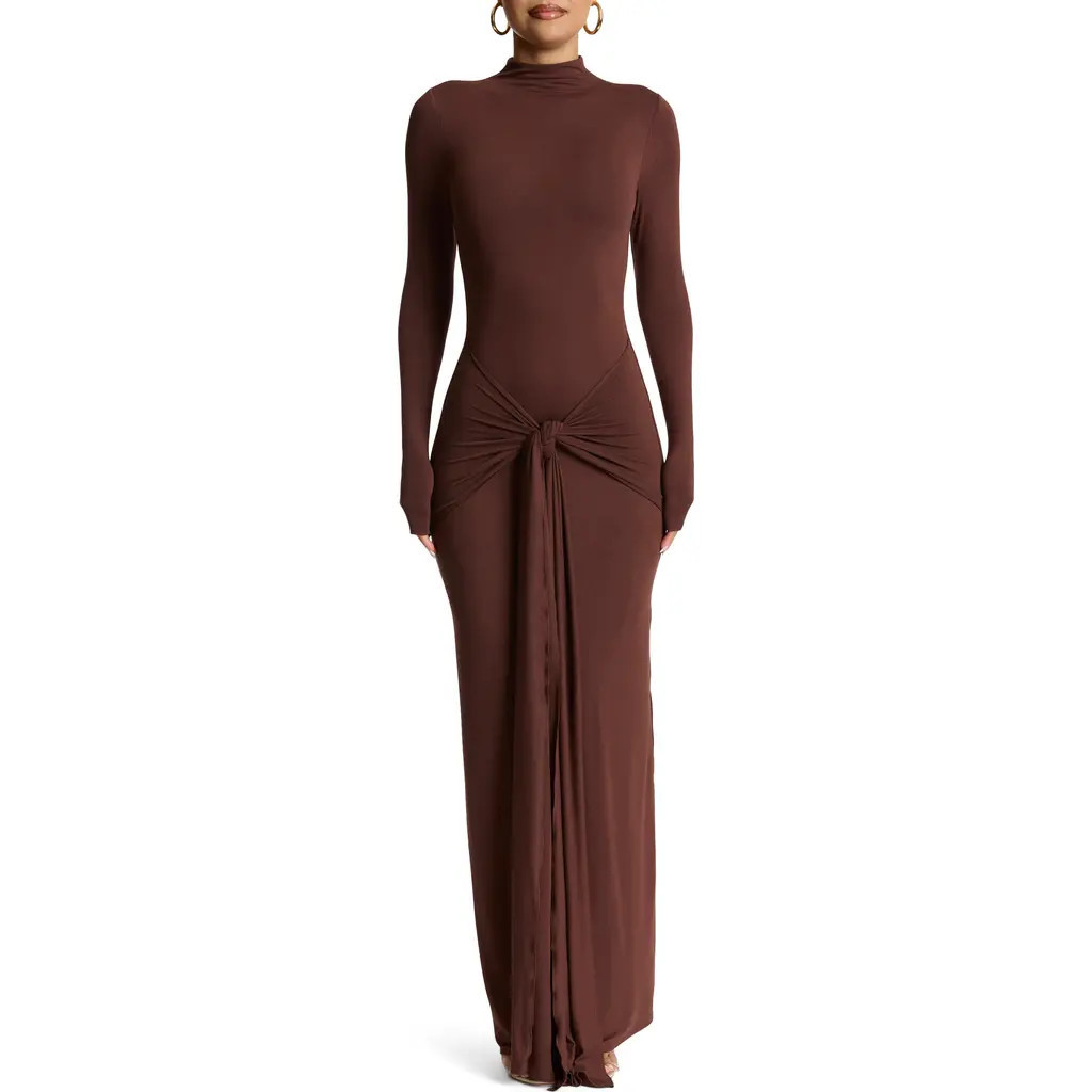 Naked Wardrobe Tie Front Long Sleeve Maxi Dress in Choclate at Nordstrom, Size Large | Nordstrom