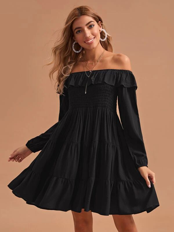 Ruffle Trim Shirred Bardot A-line Dress | SHEIN