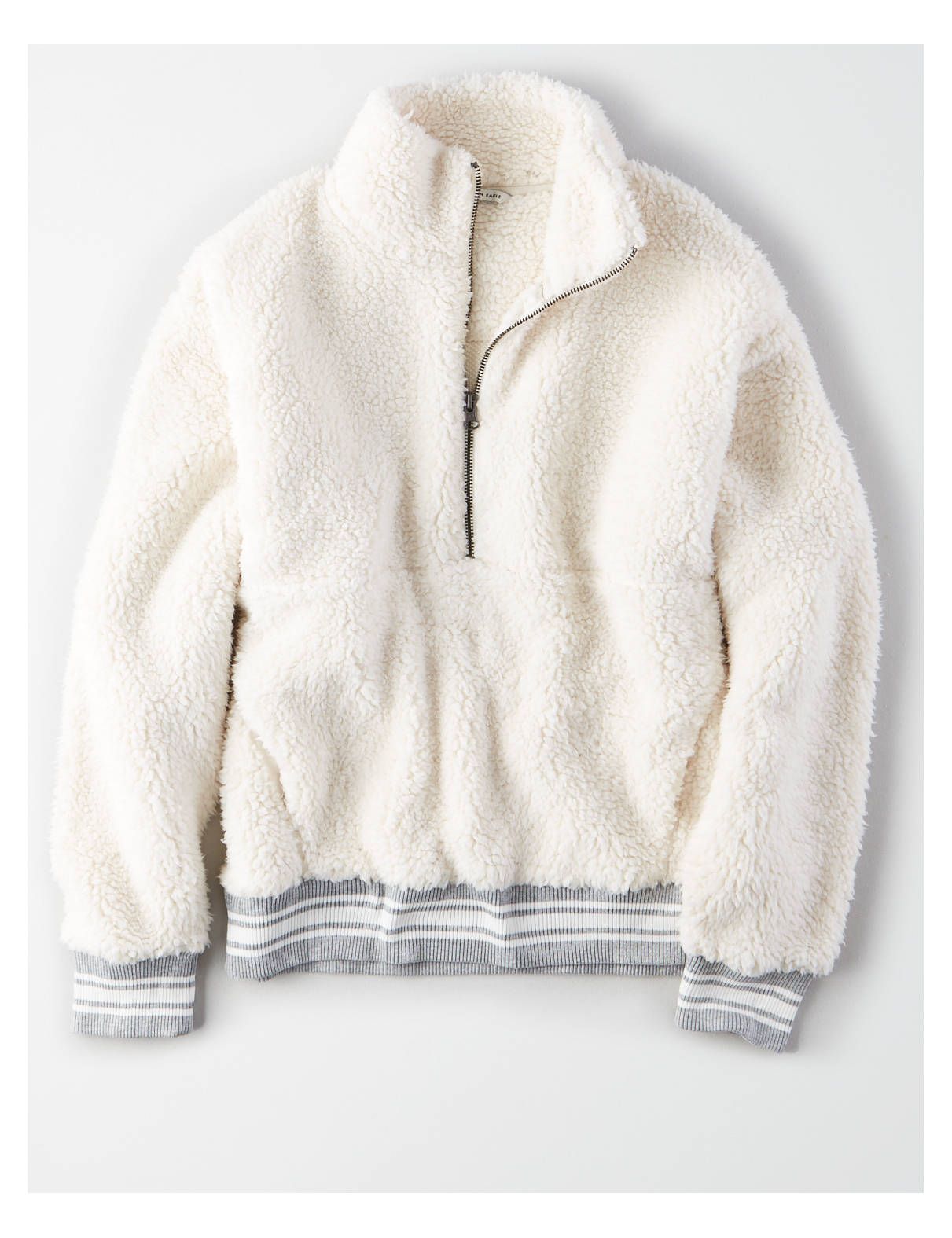 AE Fuzzy Teddy Sherpa 1/4 Zip, Cream | American Eagle Outfitters (US & CA)