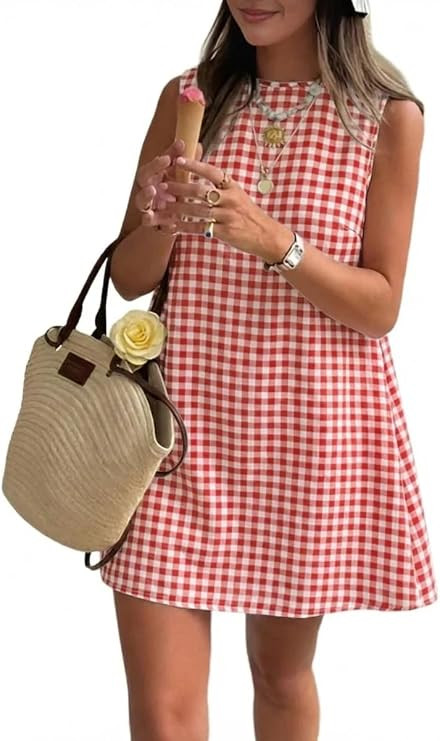 IDEALSANXUN Womens Gingham Dress Spring Summer Beach Boho Sleeveless Mini Sundress | Amazon (US)