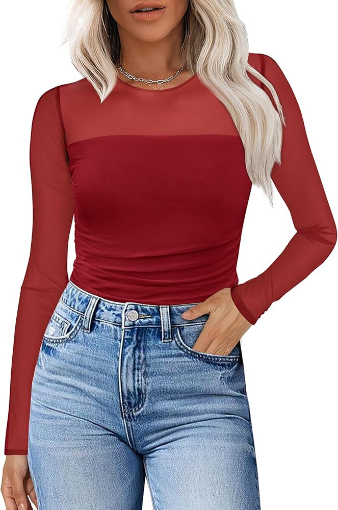 XIEERDUO Women's Sexy Sheer Long Sleeve Tops Crew Neck Mesh Ruched Going Out Shirts Blouse Date N... | Amazon (US)