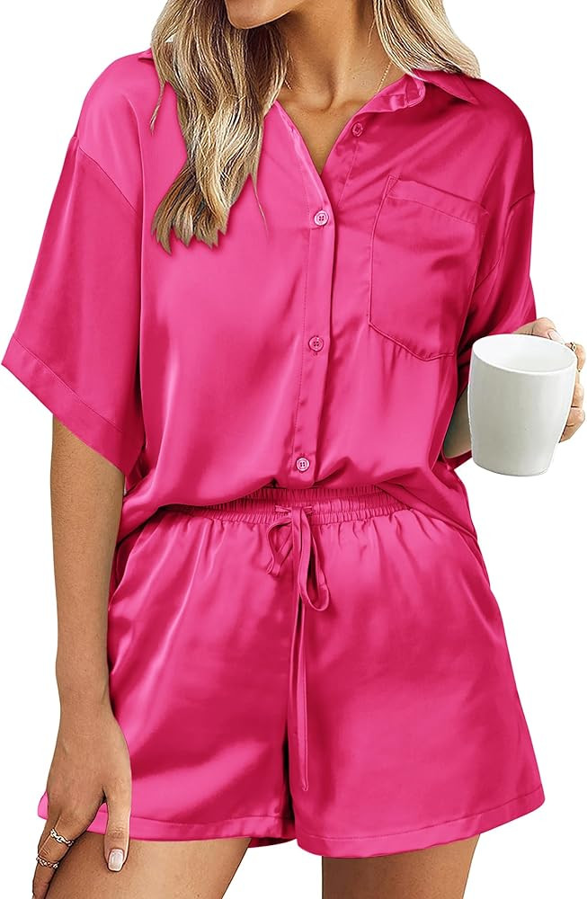 PRETTYGARDEN Women's 2 Piece Satin Pajama Sets Short Sleeve Button Down Tops And Shorts Set 2024 ... | Amazon (US)
