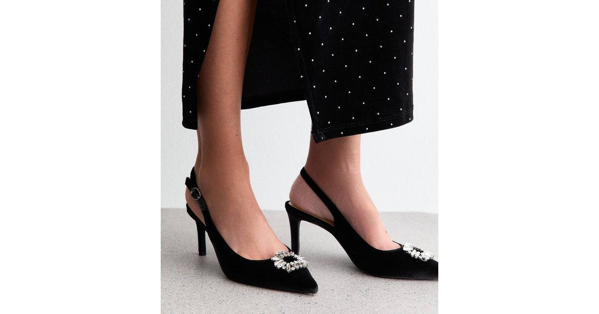 Black Velvet Slingback Diamante Court Shoes | New Look | New Look (UK)