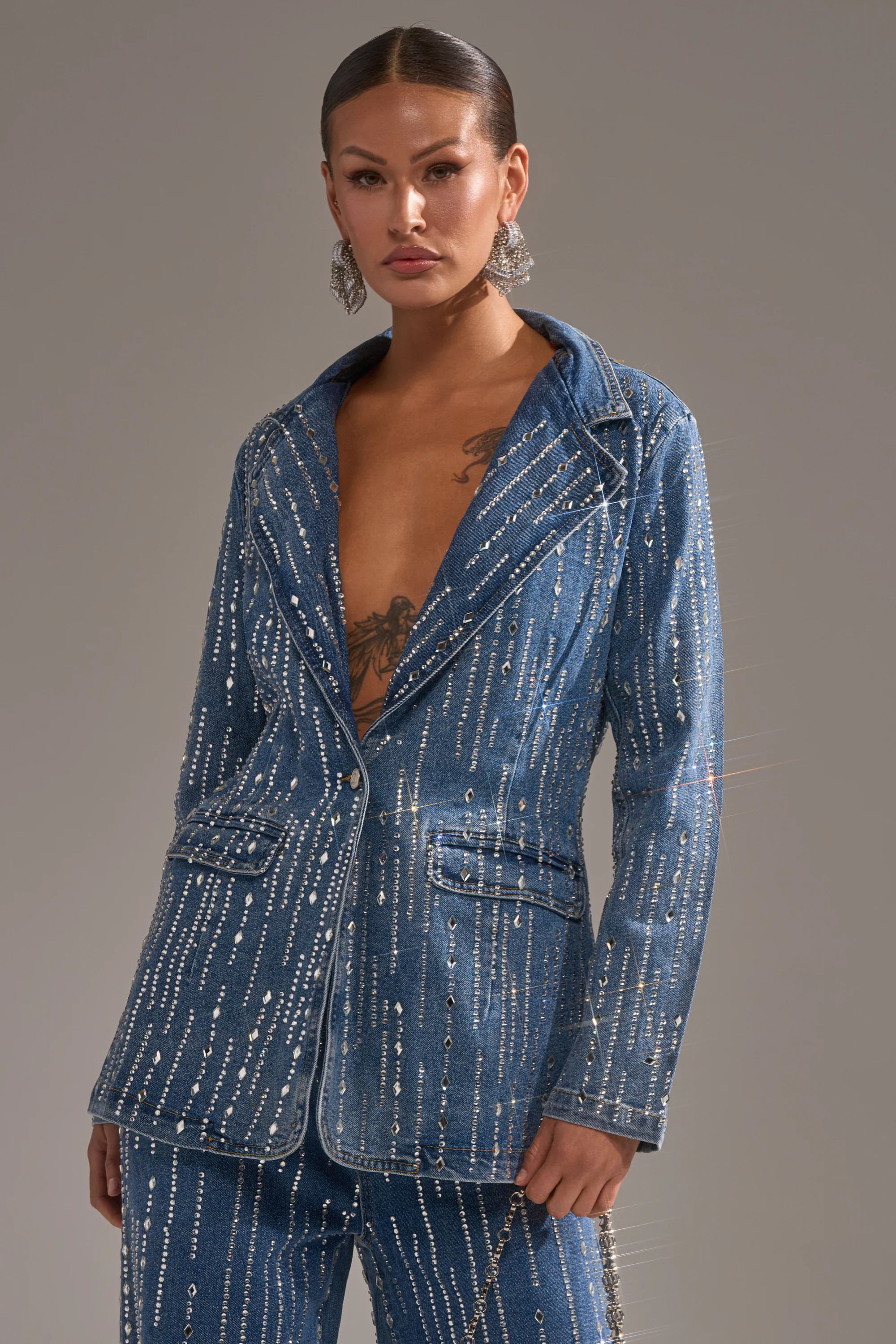 NEVER COME DOWN RHINESTONE DENIM BLAZER | AKIRA