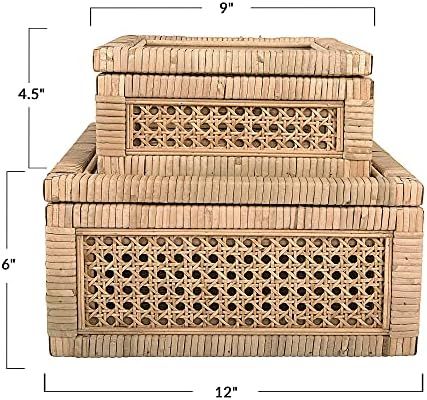 Creative Co-Op Cane and Rattan Glass Lid, Set of 2 Display Boxes, Natural | Amazon (US)