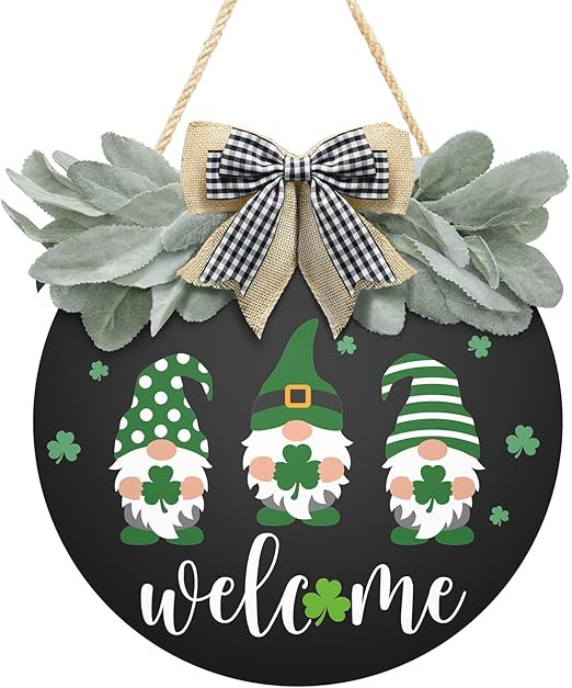 St Patrick's Day Wreath For Front Door Decor Welcome Sign Shamrock Gnomes Pattern Hanging Door Si... | Amazon (US)