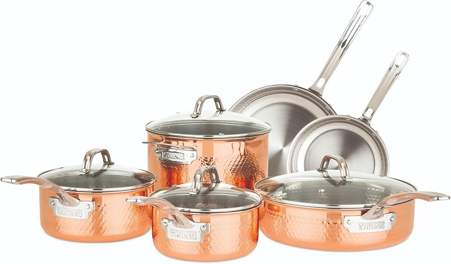 Viking 3-Ply Pots and Pans Set, 10 Piece Copper Kitchen Cookware with Glass Lids, Hammered Copper | Amazon (US)