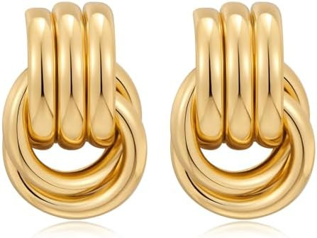 Chunky Golden/Silver Earrings Large Knot Earrings Love Knot Stud Earrings Geometric Dangle Drop E... | Amazon (US)
