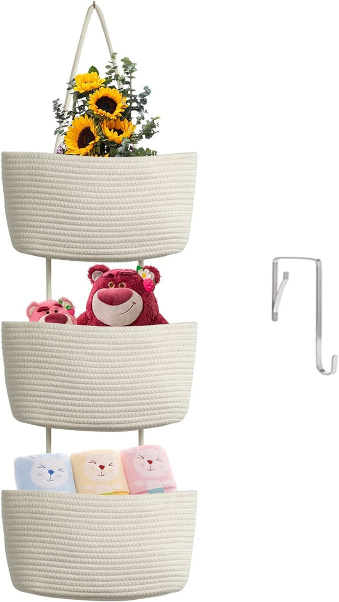 TeoKJ Over the Door Hanging Baskets, 3-Tier Woven Cotton Storage Organizer Bag with Hooks Wall-Mo... | Amazon (US)