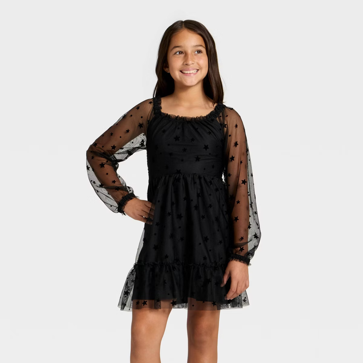 Girls' Long Sleeve Flocked Mesh Dress - Cat & Jack™ | Target