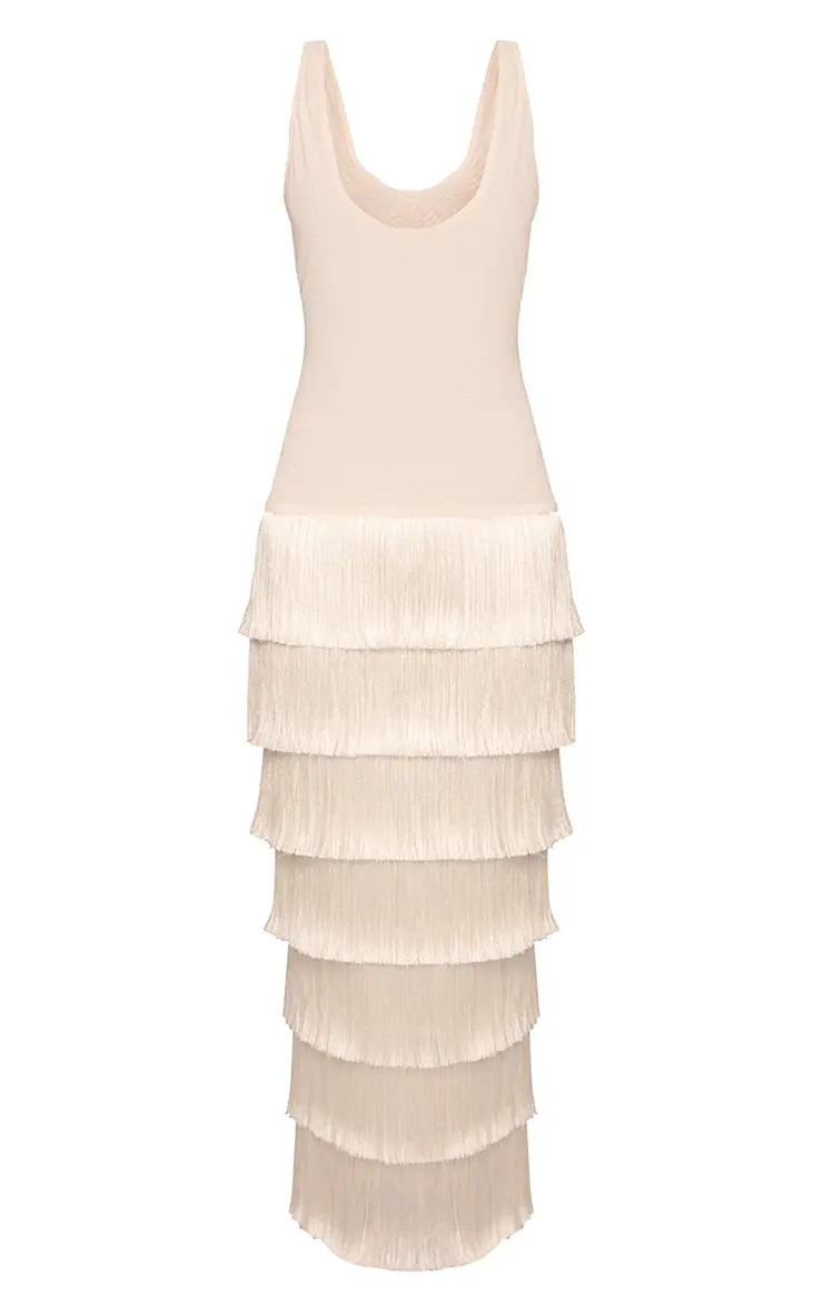 Cream PLT Label Cream Mesh Fringe Skirt Maxi Dress | PrettyLittleThing USA | PrettyLittleThing US