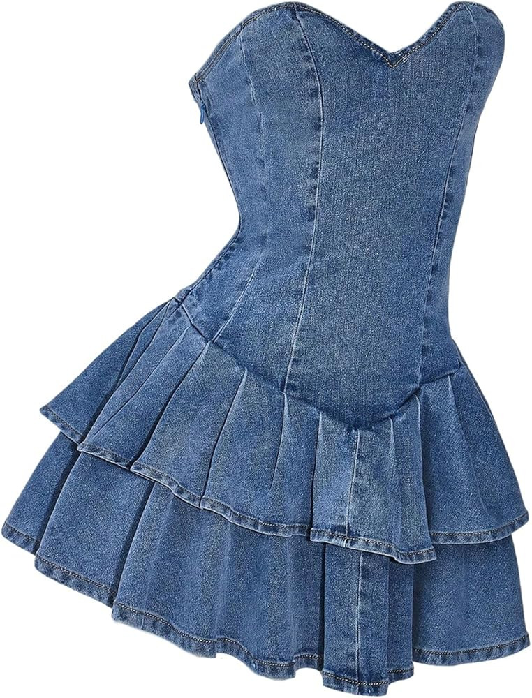 WDIRARA Women's Layered Ruffle Strapless Mini Denim Dress Sleeveless A Line Tube Dresses | Amazon (US)