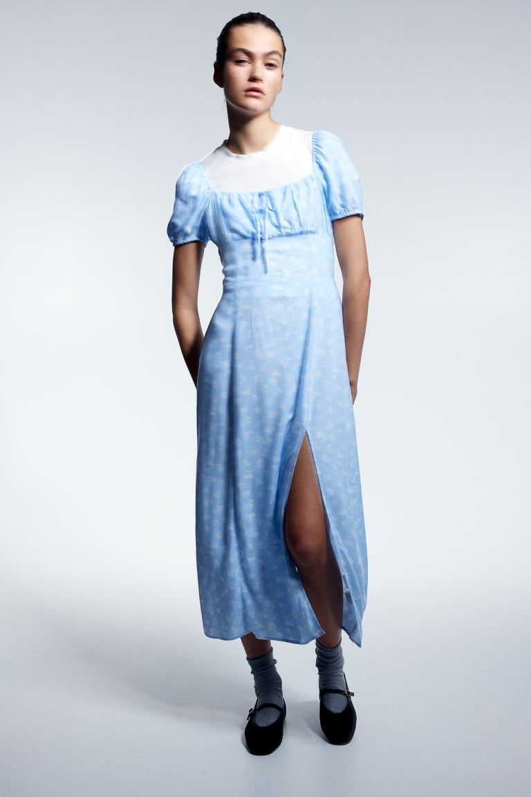 Puff-sleeved Midi Dress - Square Neckline - Short sleeve - Light blue/floral - Ladies | H&M US | H&M (US + CA)