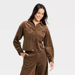 Women's Long Sleeve Cropped Corduroy Collared Neck Button-Down Shirt - Universal Thread™ Brown ... | Target