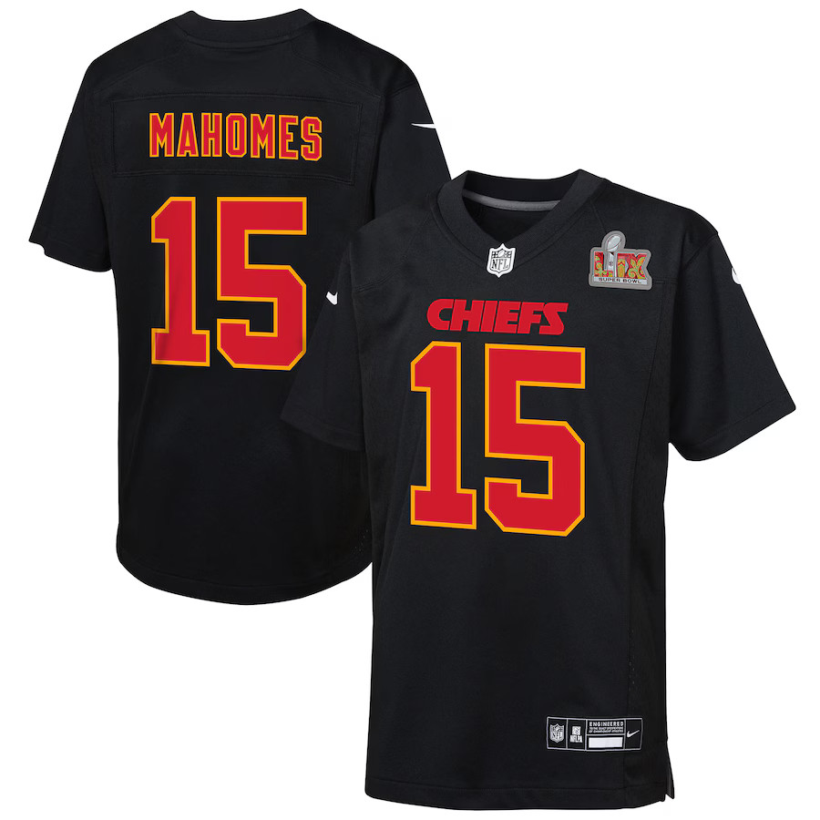 Patrick Mahomes Kansas City Chiefs Nike Youth Super Bowl LIX Patch Fashion Game Jersey - Carbon B... | Fanatics