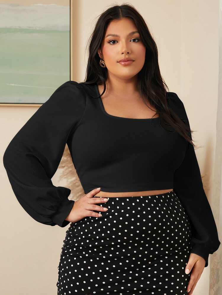 SHEIN Plus Square Neck Lantern Sleeve Crop Tee | SHEIN
