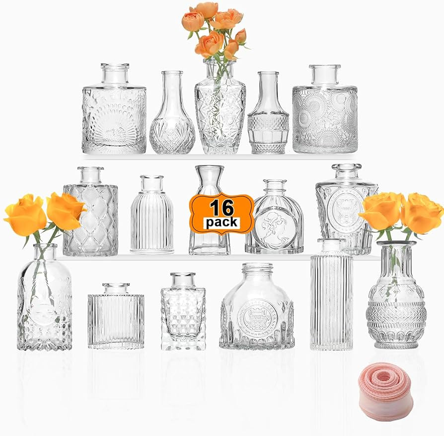 Glass Bud Vases Set of 16 Pcs for Centerpieces, Bud Vases in Bulk, Small Clear Vintage Vase for W... | Amazon (US)