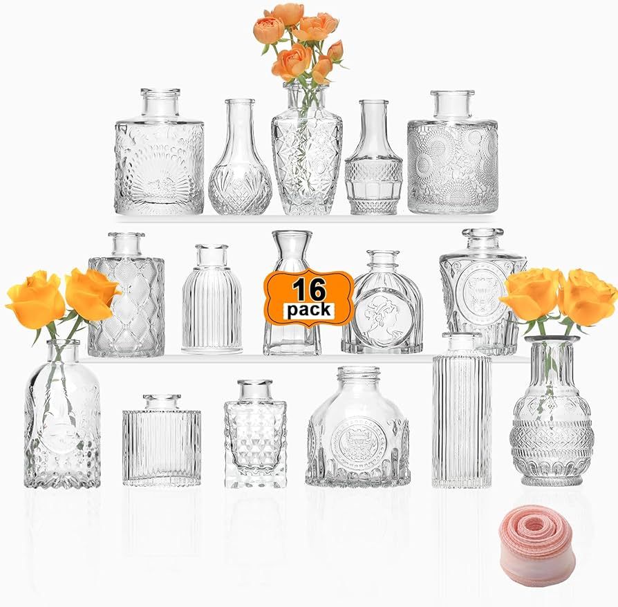 Glass Bud Vases Set of 16 Pcs for Centerpieces, Bud Vases in Bulk, Small Clear Vintage Vase for W... | Amazon (US)