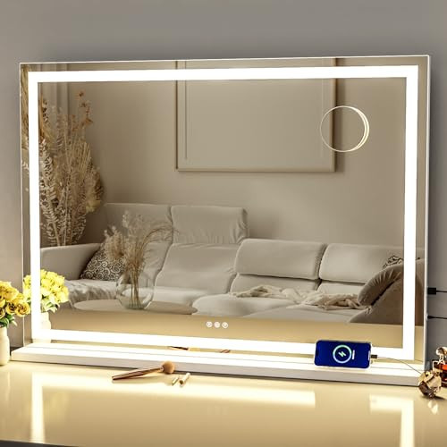 Gvnkvn Makeup Vanity Mirror with Lights 32" x 24" Large LED Makeup Mirror, Light up Mirror with 10X Magnification and USB Charging Port, Dimmable 3 Modes, Touch Screen Control Square Corner | Amazon (US)