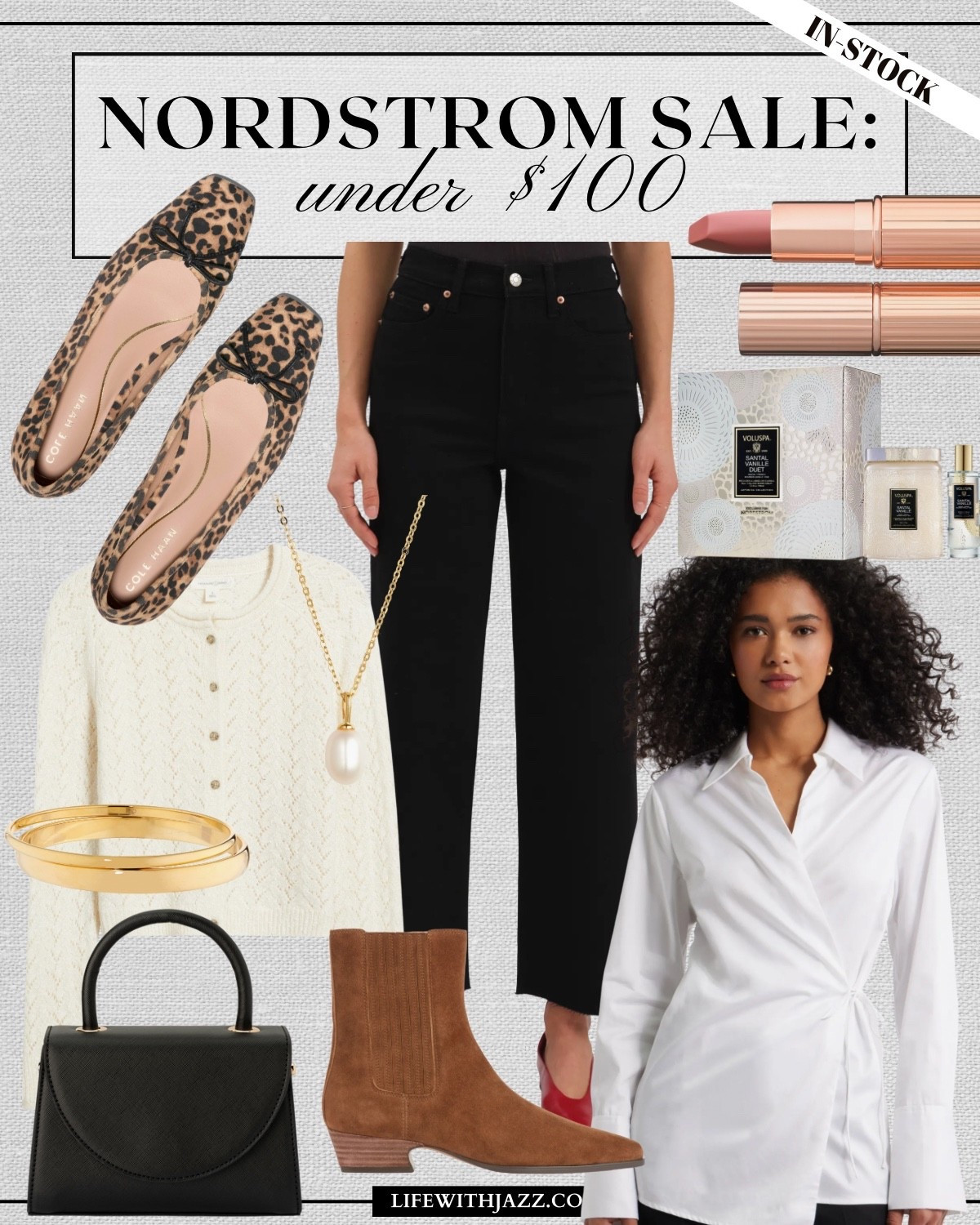 Nordstrom anniversary sale under $100 picks — still in-stock! 

Cole haan ballet flats 
Daze wide leg crop jeans 
Charlotte tilburry lip kit 
Voluspa candle 
Asymmetrical top 
Steve Madden suede boots 
Black purse 
Treasure & bond cardigan 

Nsale / workwear / fall picks / beauty 

#LTKSaleAlert #LTKFindsUnder100