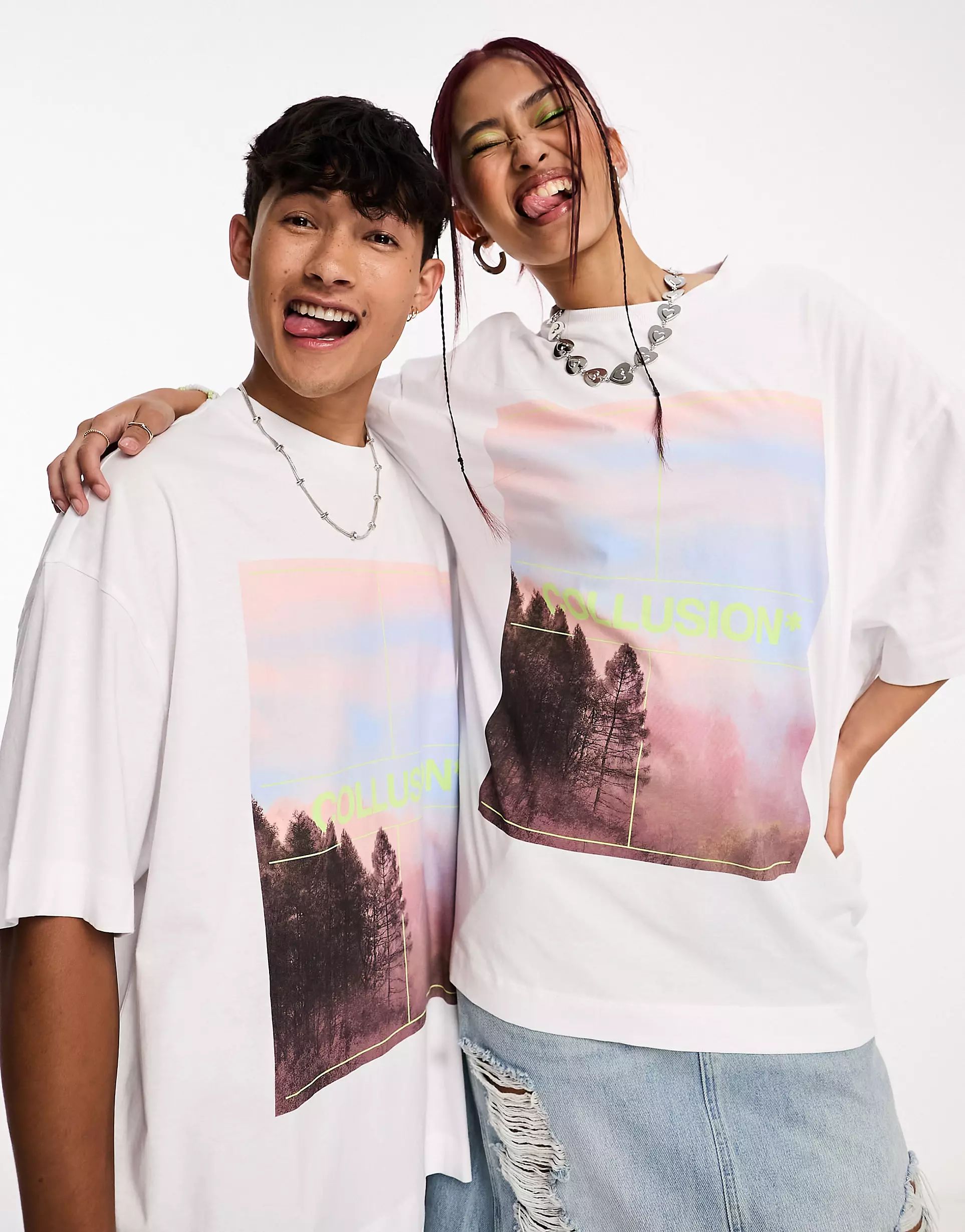 COLLUSION Unisex pink sky photographic print oversized t-shirt in white | ASOS (Global)