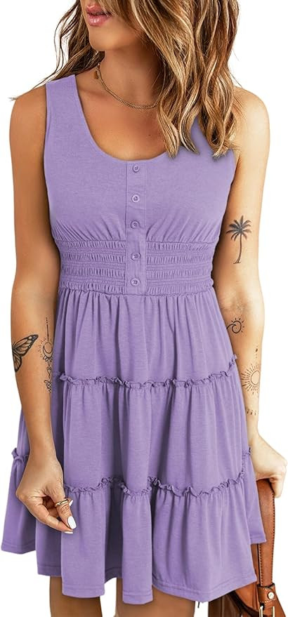 Dokotoo Womens Summer Dresses 2024 Sleeveless Button Down Smocked Elastic Waist Ruffle Tiered Cas... | Amazon (US)