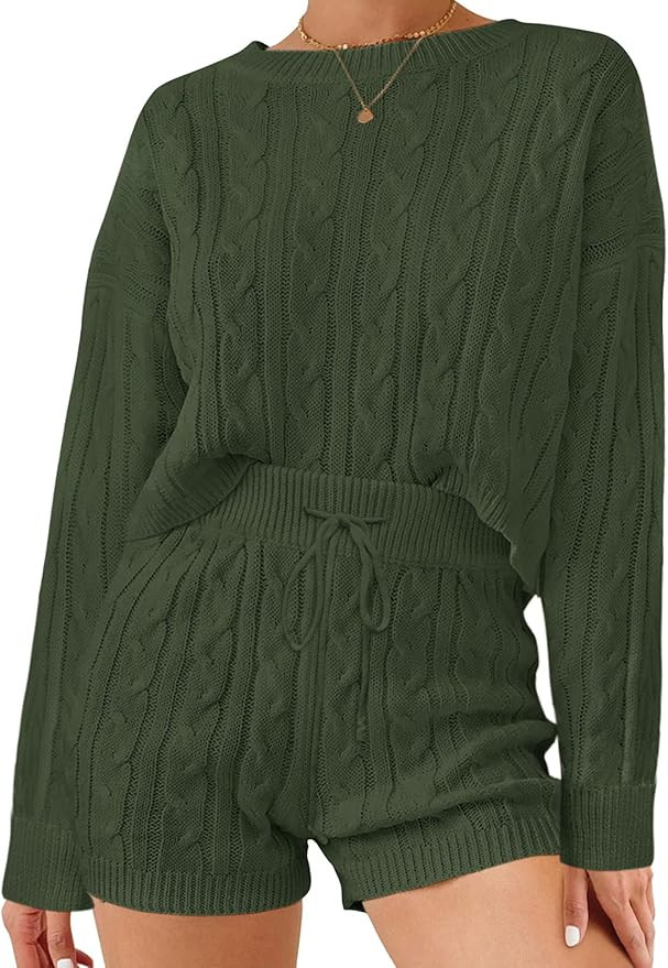 ZOWODO Women's 2 Piece Sweater Sets Long Sleeve Cable Knit Crop Top and Drawstring Waist Shorts S... | Amazon (US)