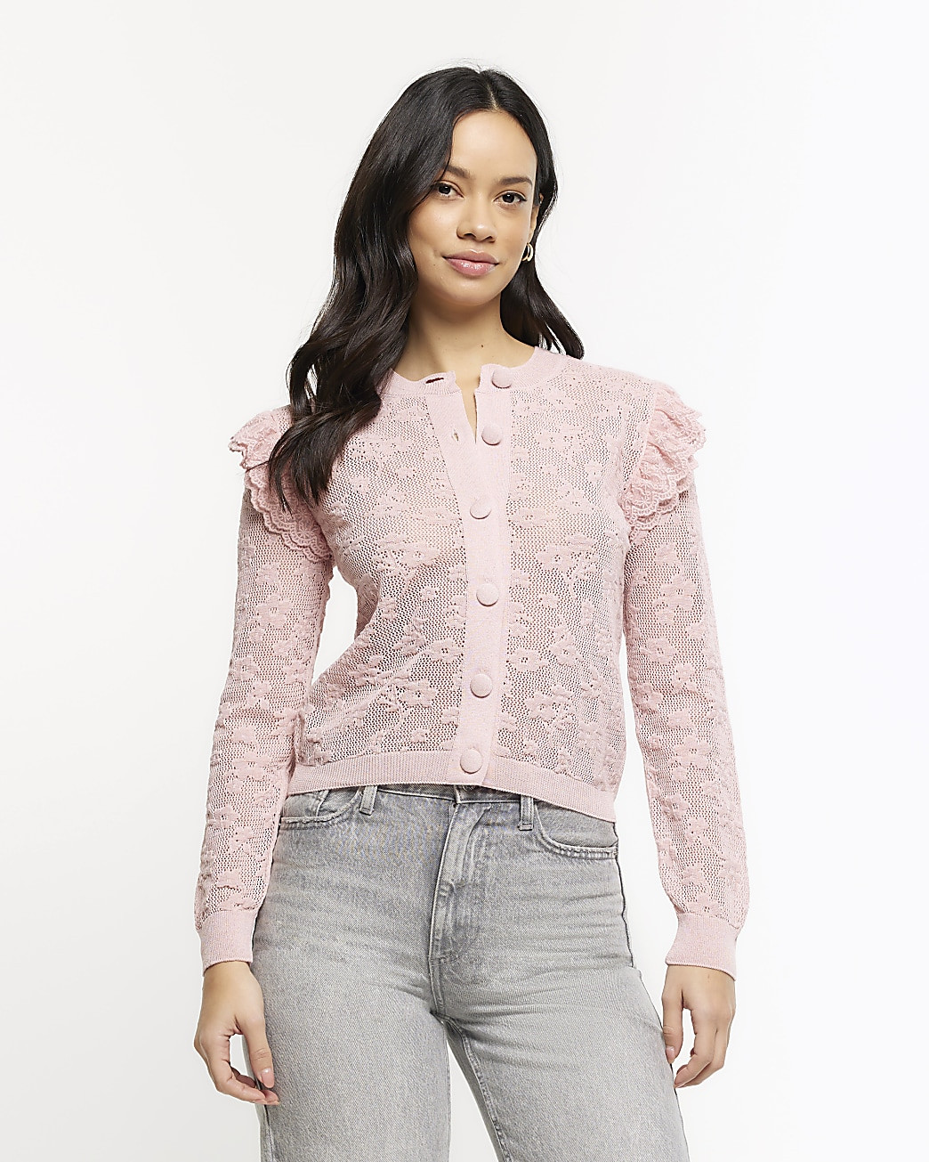 Pink floral lace frill cardigan | River Island (UK & IE)