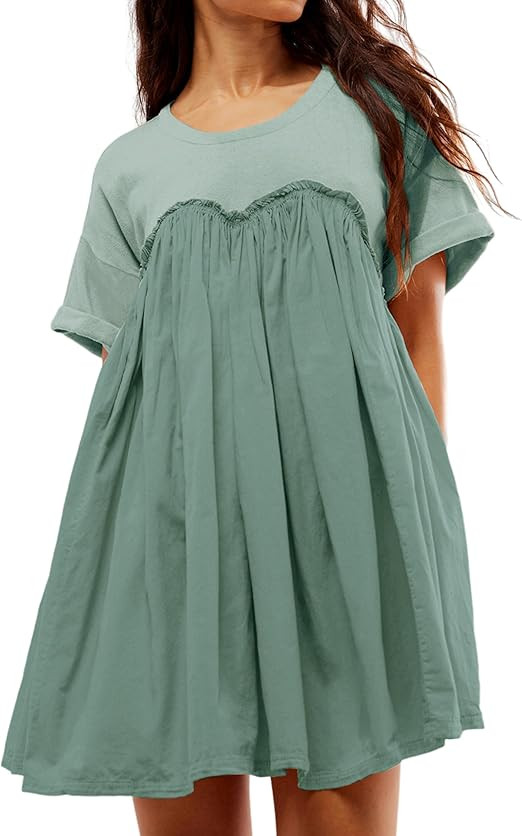 Dqbeng Babydoll Dress for Women Summer Pleated Mini Dress Crew Neck Short Sleeve Tunic Dress with... | Amazon (US)