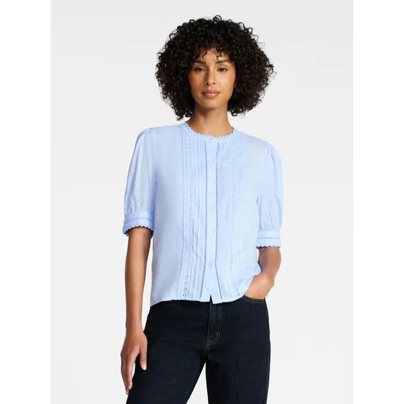 Time and Tru Women's and Women's Plus Cotton Lace Inset Blouse with Elbow Length Sleeves, Sizes X... | Walmart (US)