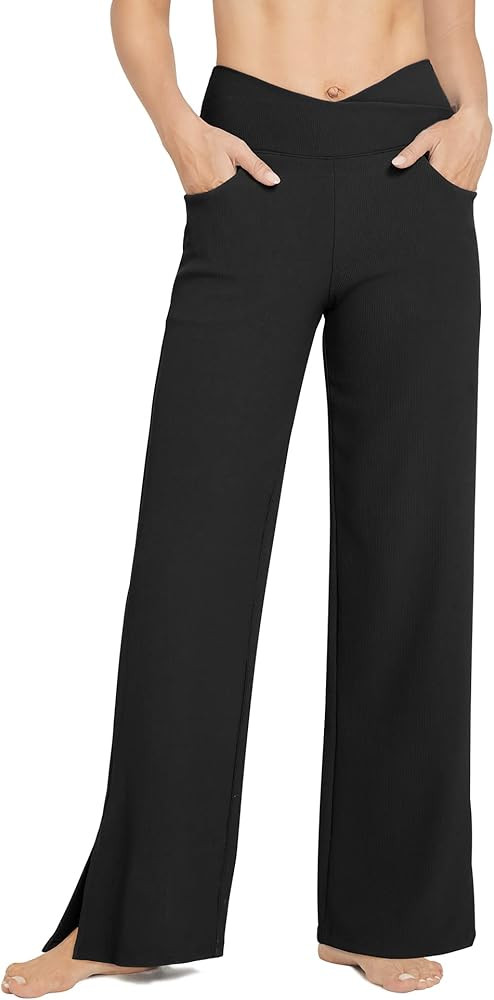 G4Free Womens Wide Leg Pants Stretch Flare Dress Pants Cross High Waist Capris Crops with Pockets fo | Amazon (US)
